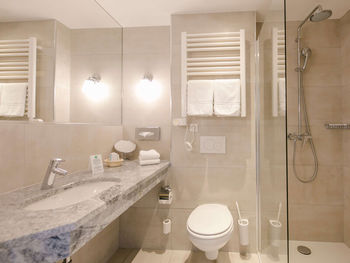 Blick in das Badezimmer des Basic Zimmers im Hotel Sailer Innsbruck mit einer Dusche, einem WC und einem großen Waschbecken